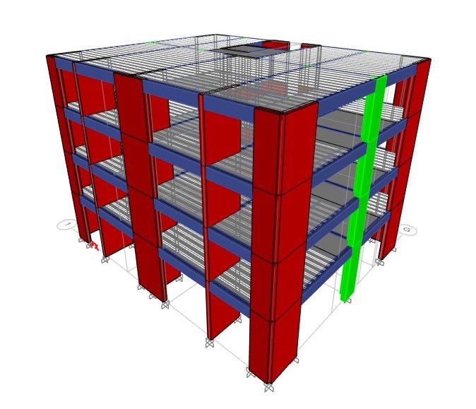 Modelo tridimensional de un edificio multifamiliar de concreto armado con pórticos y muros